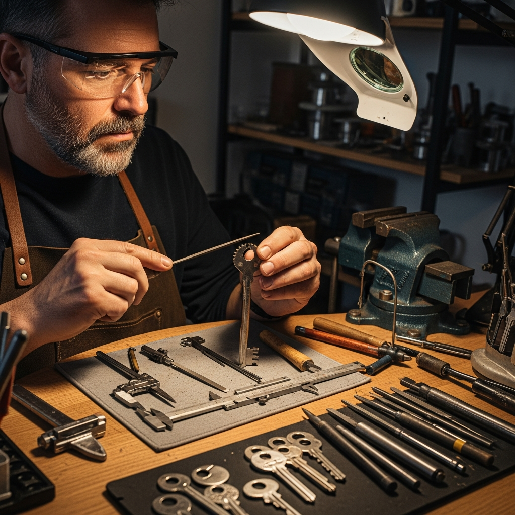 En håndværker skaber en specialdesignet nøgle med præcisionsværktøj