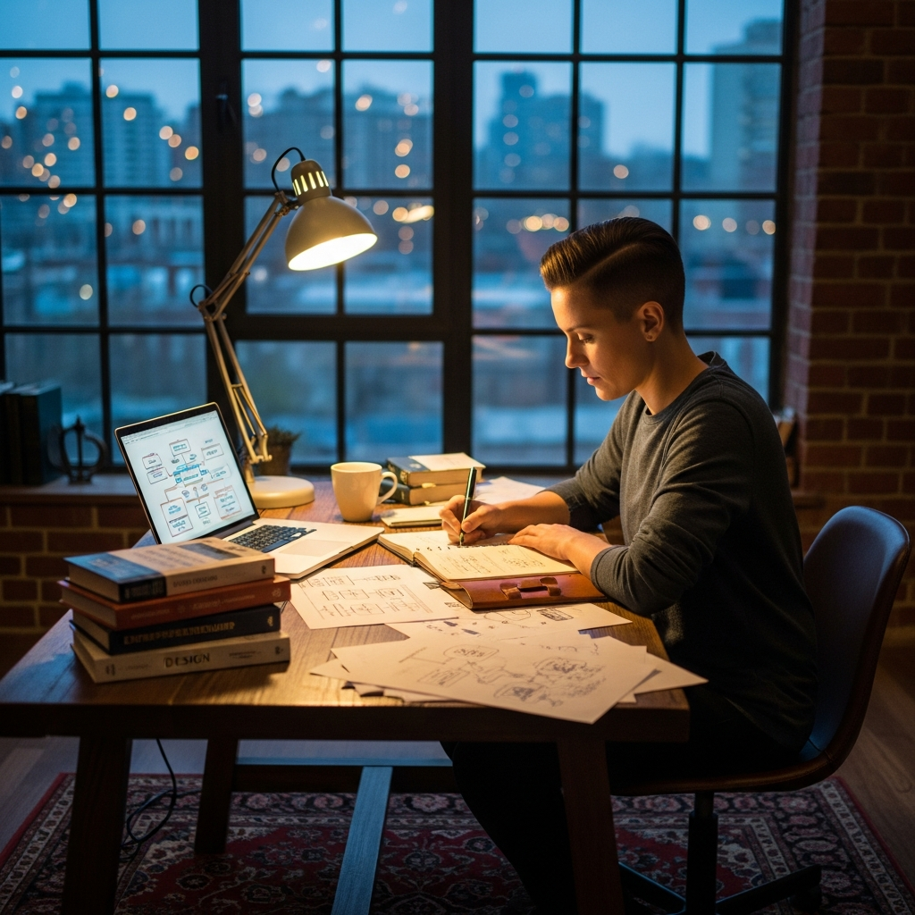 dlixvrvorgeu grundlægger ved arbejdsbordet